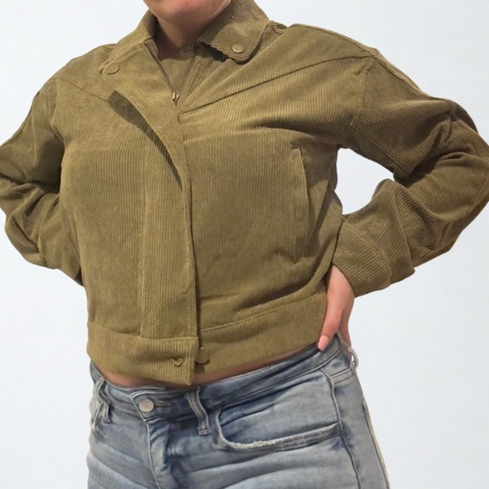MINE Olive Corduroy Cropped Bomber Jacket | Women's L | NWOT